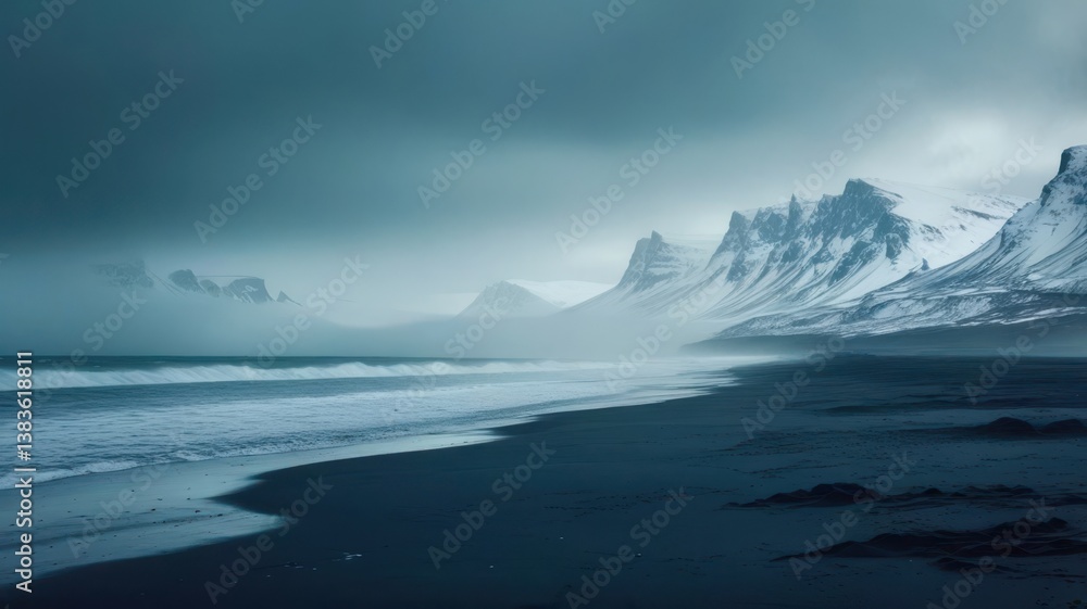 Naklejka premium Dramatic Coastline with Snowy Mountains Under a Moody Sky