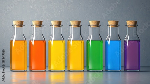 Vibrant Rainbow Hues in Glass Bottles: A Colorful Still Life