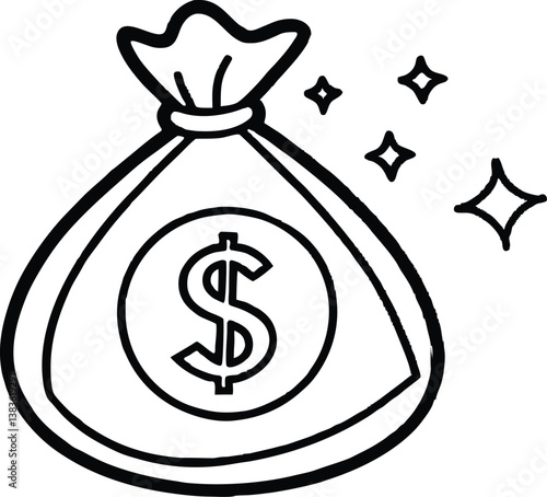 Money Bag outline illustration,Outline drawing money bag with dollars line clipart symbol