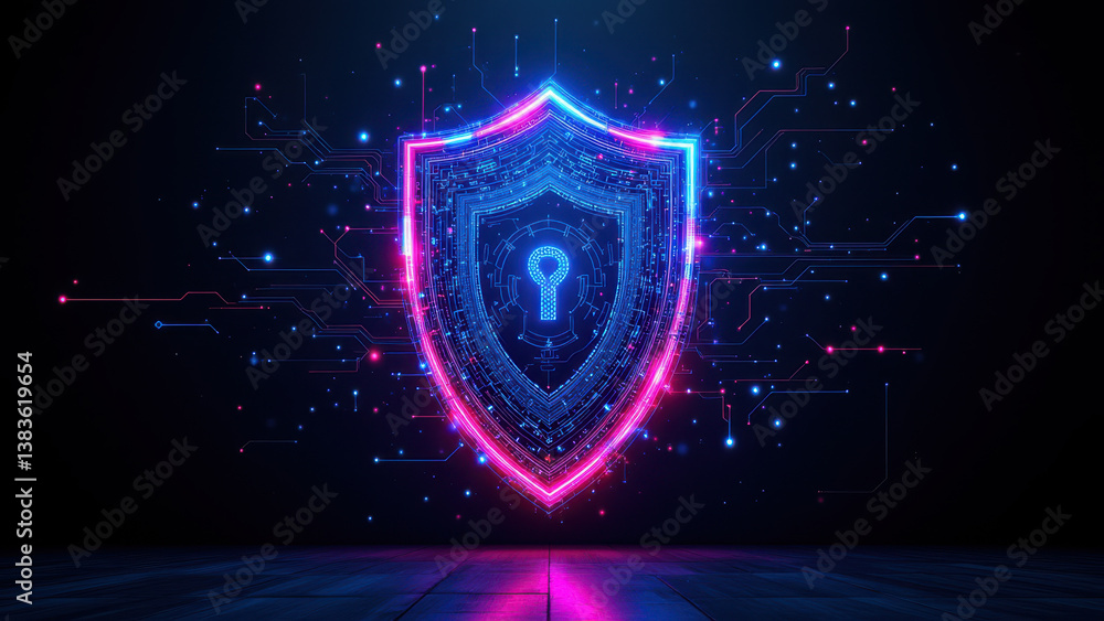 Fototapeta premium Cybersecurity shield with digital circuit background.