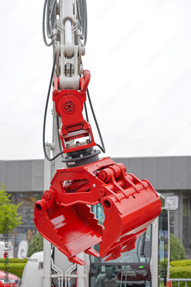 Red Claws Graples Bucket Attachment at Excavator Construction Machine