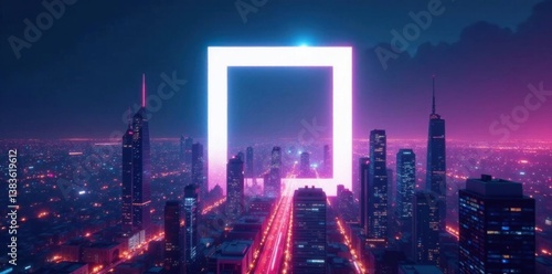 Wallpaper Mural Futuristic cityscape with abstract white square shape hovering above a neon-lit metropolis,  glowing,  neon Torontodigital.ca