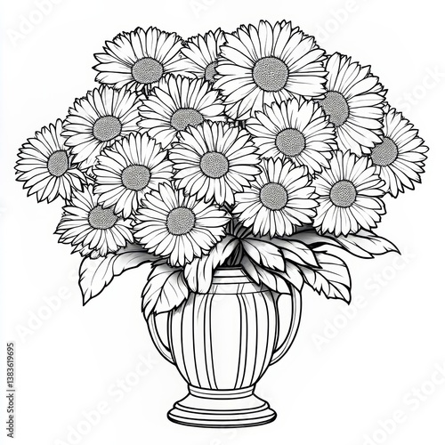 Elegant Gerbera Daisies in Classic Urn Vase - Line Art Illustration