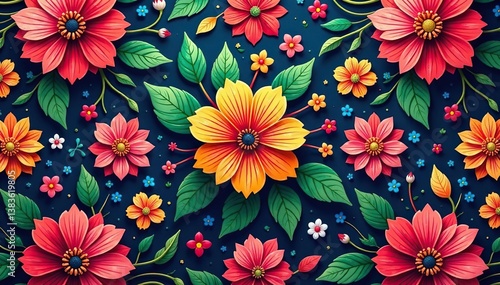 Intricate continuous floral pattern, vibrant hues, artistic, meadow, nature
