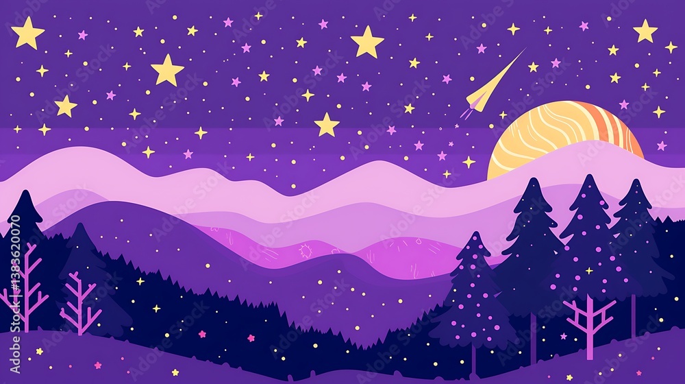 Naklejka premium A colorful illustration depicts a starry night landscape scene