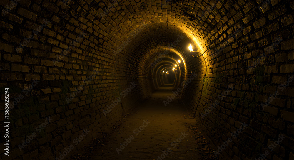 Fototapeta premium Mysterious Old Brick Tunnel Illuminated By Flickering Gas Lamps Creating Drama