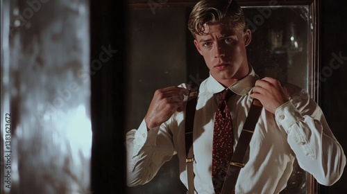 A 1930s gentleman adjusting his suspenders in a mirror