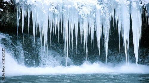 Frozen waterfall winter landscape, icy icicles, nature background, travel scenery