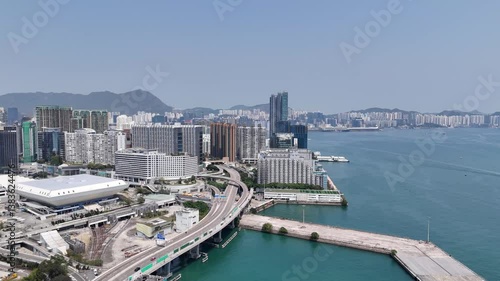 Victoria Harbour waterfront, Hong Kong aerial drone footage