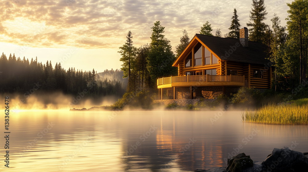 Fototapeta premium Serene lakeside cabin at sunrise surrounded by lush forest in a peaceful natural setting
