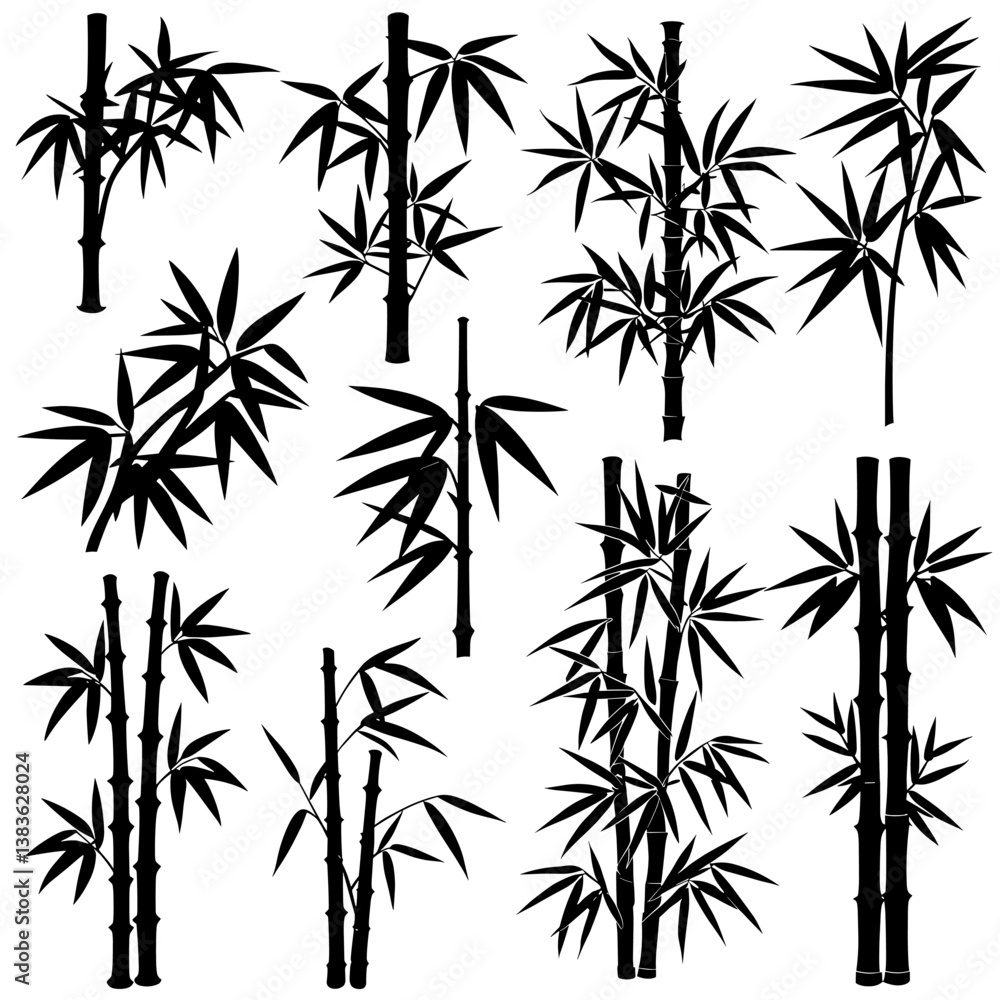 Naklejka premium Bamboo Silhouette Vector Bundle | Black and White Bamboo Clipart | EPS Illustration Set