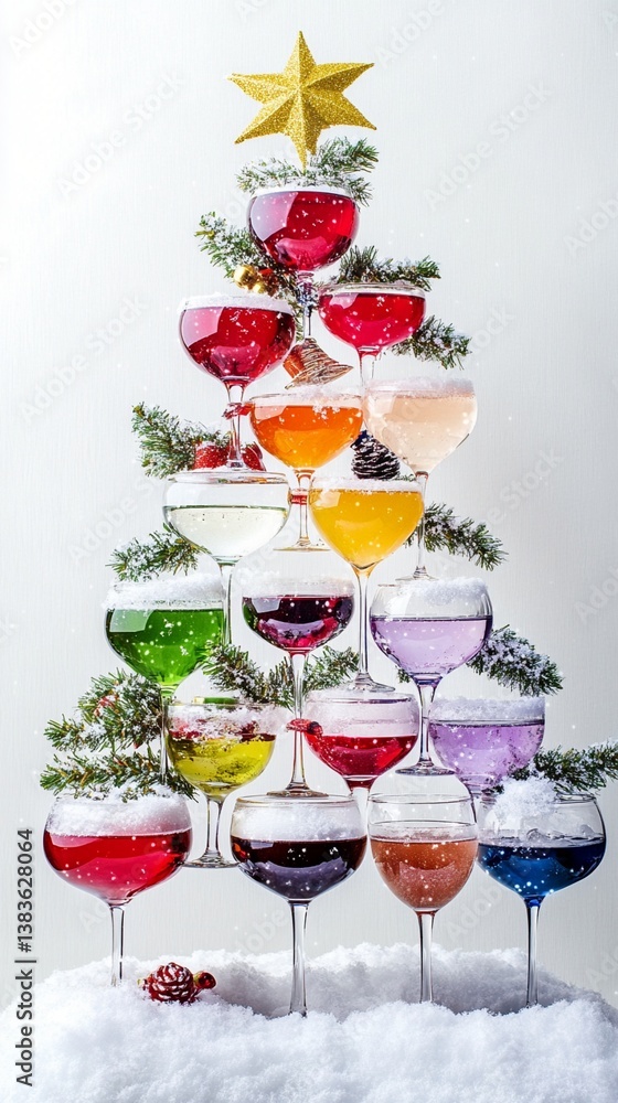 Festive holiday cocktail tree with colorful drinks stacked in pyramid shape, adorned with pine branches and golden star, creating whimsical Christmas celebration concept Festive holiday cocktail tree with colorful drinks stacked in pyramid shape, adorned with pine branches and golden star, creating whimsical Christmas celebration concept