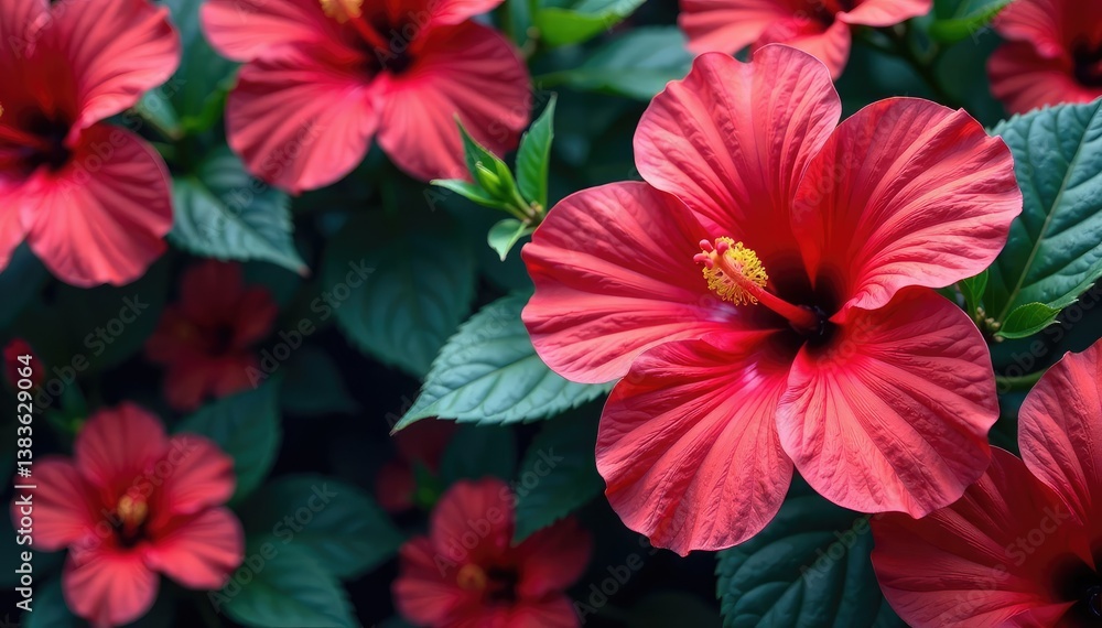 Obraz premium Bold hibiscus blossoms densely arranged, vibrant tropical colors , vibrant, tropical, nature