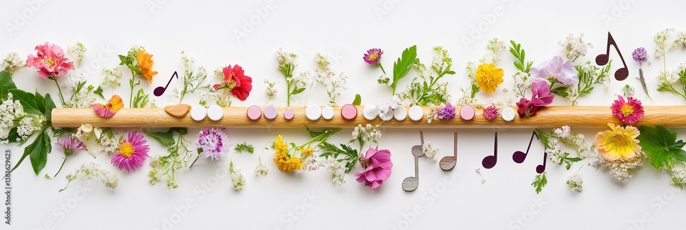 Harmonious floral composition featuring a wooden stick adorned with vibrant wildflowers and musical notes, creating a whimsical and artistic nature-inspired arrangement