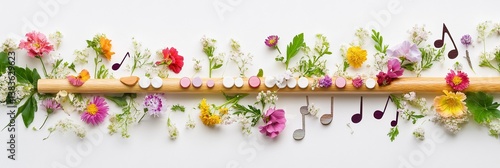 Obraz na płótnie Harmonious floral composition featuring a wooden stick adorned with vibrant wildflowers and musical notes, creating a whimsical and artistic nature-inspired arrangement w salonie