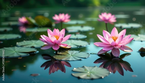 Delicate lotus flowers form a repeating motif on tranquil lake, pond, wallpaper, summer