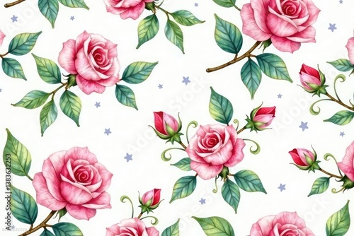 Delicate watercolor rose buds & leaves, repeating pattern, texture, flower