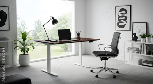 Ergonomic adjustable height desk setup in a contemporary bright home office space