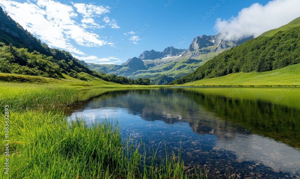 Peaceful lake reflection of mountains in grass field during summer Peaceful lake reflection of mountains in grass field during summer