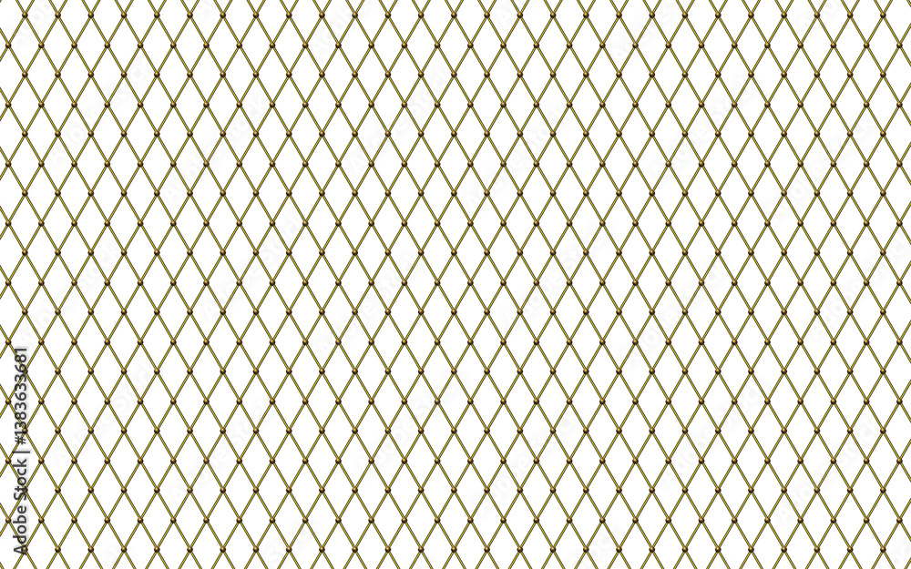 Golden square wire fence mesh. Wire mesh fence texture. Transparent background, PNG