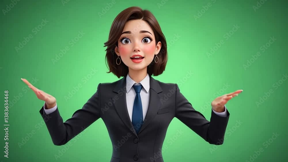 Animated Businesswoman Explaining Concepts on Green Screen Background