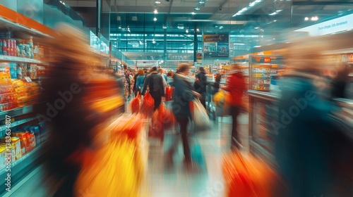 Busy supermarket shoppers, aisle motion blur, grocery store background