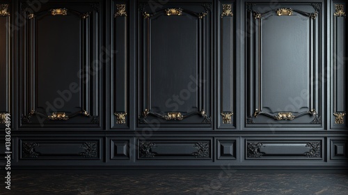 Elegant black paneled room with gold accents