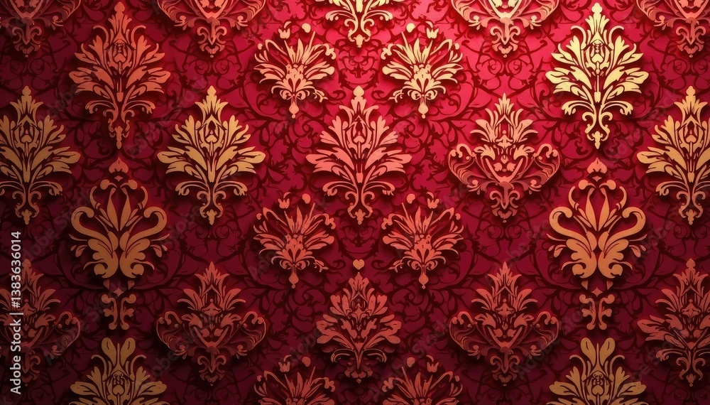 Intricate floral damask pattern in rich burgundy and gold , royal, flower, classic Intricate floral damask pattern in rich burgundy and gold , royal, flower, classic