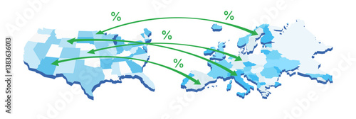Vector illustration showing data or trade flow import and export duties with percentage signs from the United States to various countries across Europe.