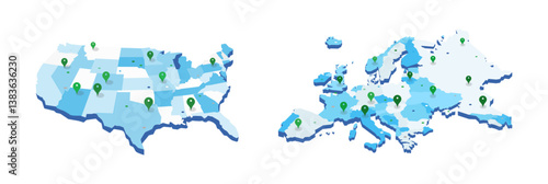 Vector illustration of USA and Europe maps in blue shades, showcasing geographical outlines with a modern, minimalist design on white background.