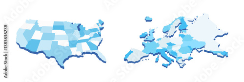 Vector illustration of USA and Europe maps in blue shades, showcasing geographical outlines with a modern, minimalist design on white background.