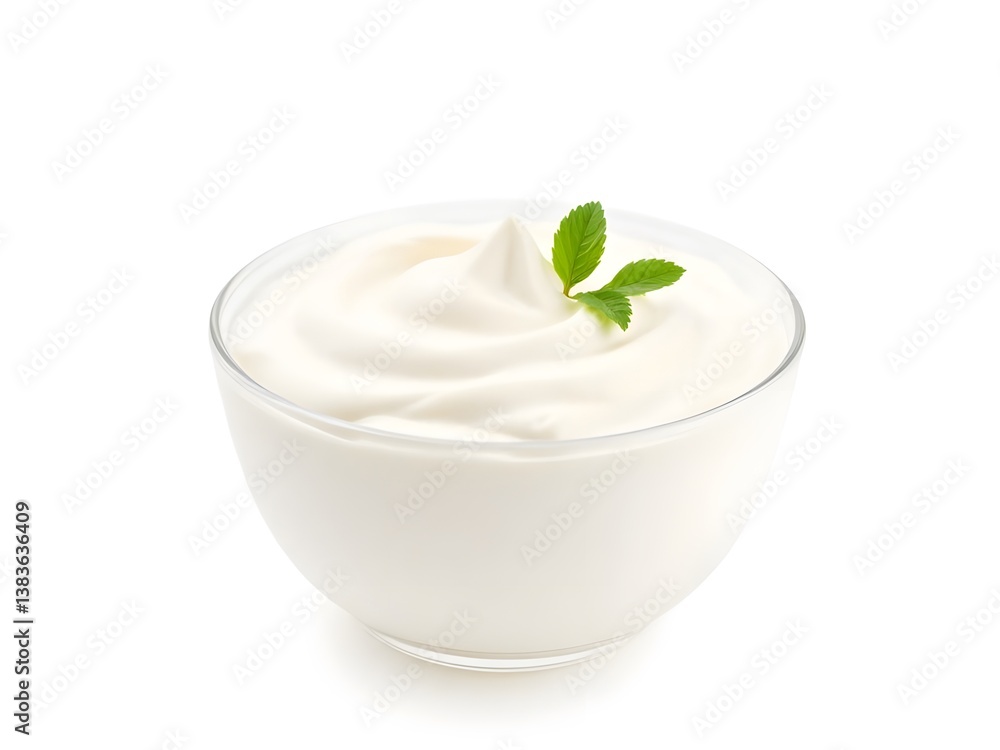 Smooth and Creamy Fresh Yogurt in a Glass Bowl Isolated on a White Background Smooth and Creamy Fresh Yogurt in a Glass Bowl Isolated on a White Background