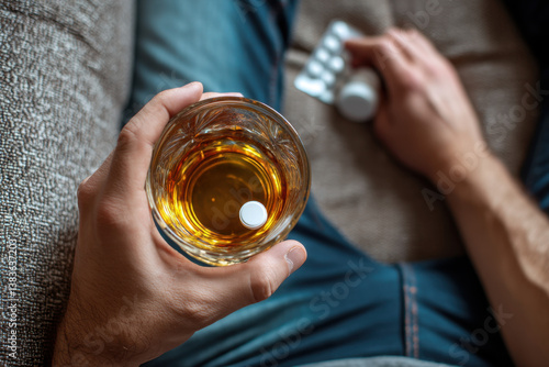 A man sits on a couch, holding a glass of whiskey in one hand and a bottle of pills in the other, reflecting on his struggles in a quiet, somber atmosphere late at night