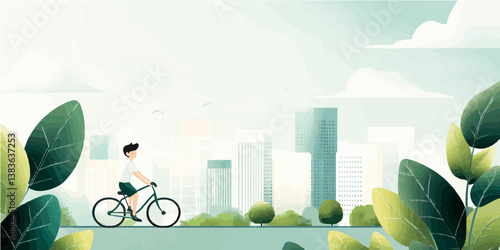 boy riding a bicycle through a green, eco-friendly city with lush trees