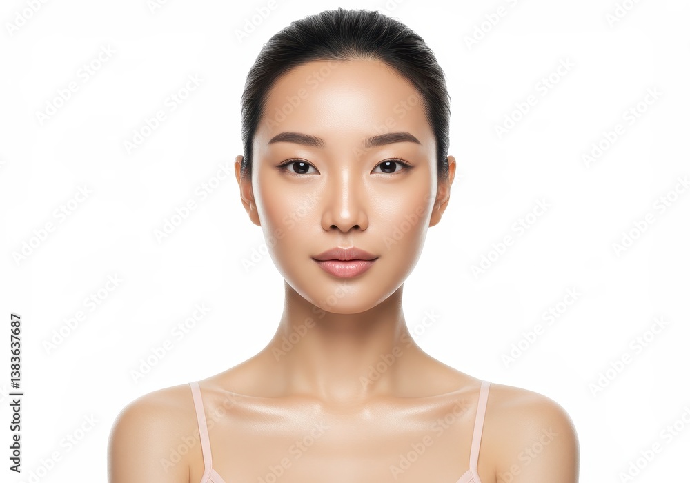A centered portrait of a gorgeous young Asian woman with minimal makeup, glowing skin and perfectly symmetrical features A centered portrait of a gorgeous young Asian woman with minimal makeup, glowing skin and perfectly symmetrical features