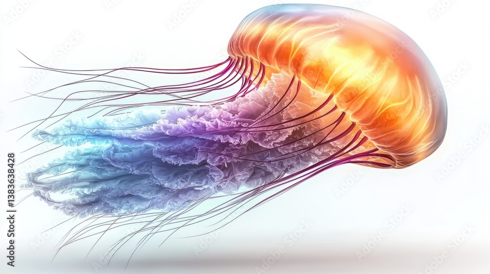 Hyperrealism painting surreal vivid detailed. A vibrant jellyfish gracefully swims, showcasing colorful tentacles and a translucent body that reflects light beautifully. Hyperrealism painting surreal vivid detailed. A vibrant jellyfish gracefully swims, showcasing colorful tentacles and a translucent body that reflects light beautifully.