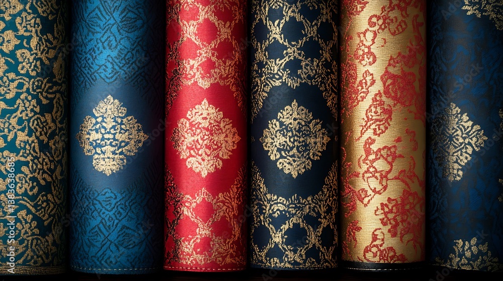 Close up of ornate fabric rolls with decorative gold patterns Close up of ornate fabric rolls with decorative gold patterns