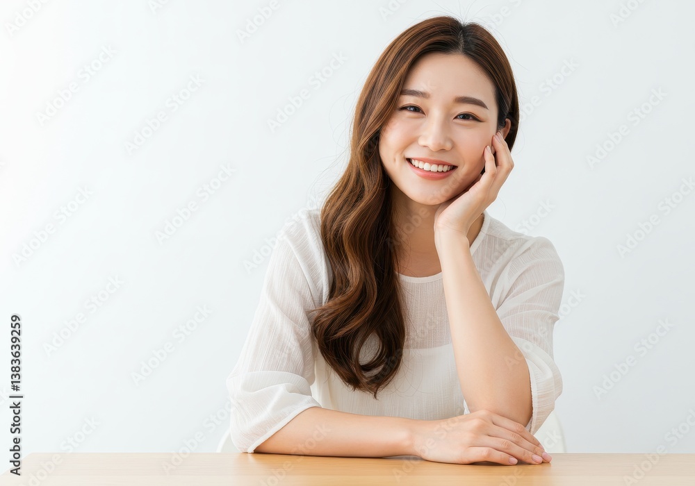 A cheerful Asian woman wearing a loose white blouse, leaning on a light wooden table with her hand gently supporting her face A cheerful Asian woman wearing a loose white blouse, leaning on a light wooden table with her hand gently supporting her face