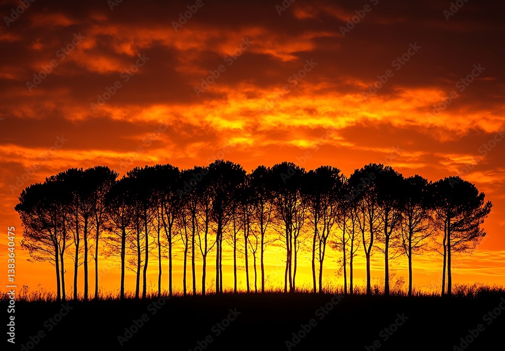 Obraz premium Silhouette Trees Row Landscape with Fiery Sky Nature Scenery at Vibrant Sunset