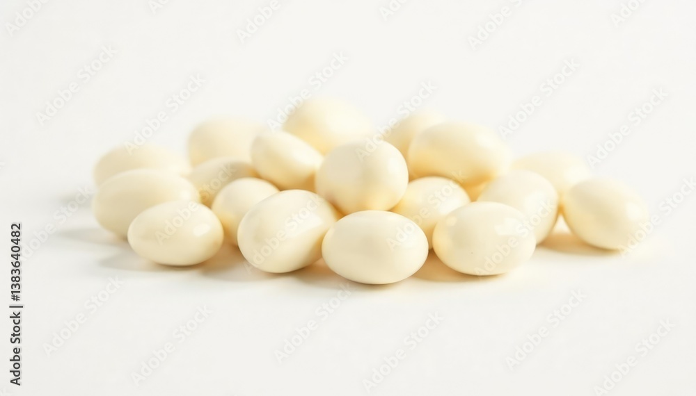 Scattered white beans against a plain white background, vegan, cooking Scattered white beans against a plain white background, vegan, cooking