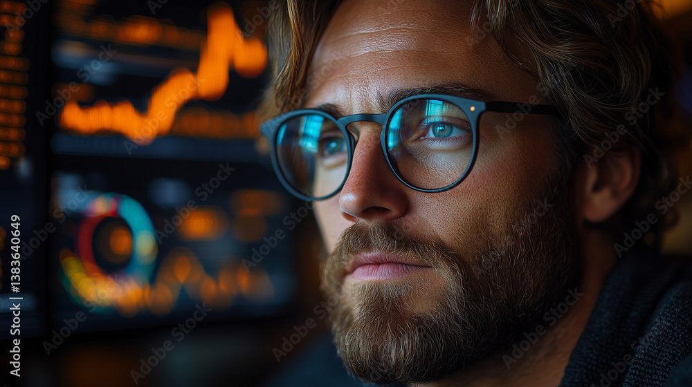 Intense Focus of a Financial Analyst with Data Visualization Screens Intense Focus of a Financial Analyst with Data Visualization Screens