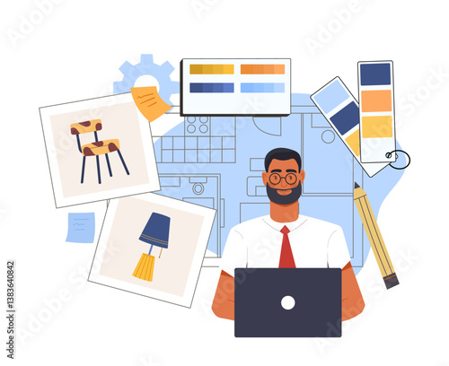 Interior designer at work desk.. Vector illustration