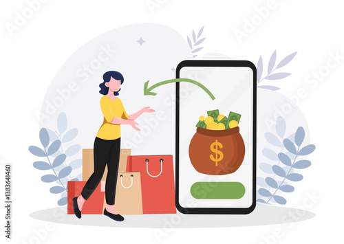 Woman transferring money by phone. Vector illustration