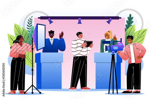 TV studio debate show preparation scene. Vector illustration