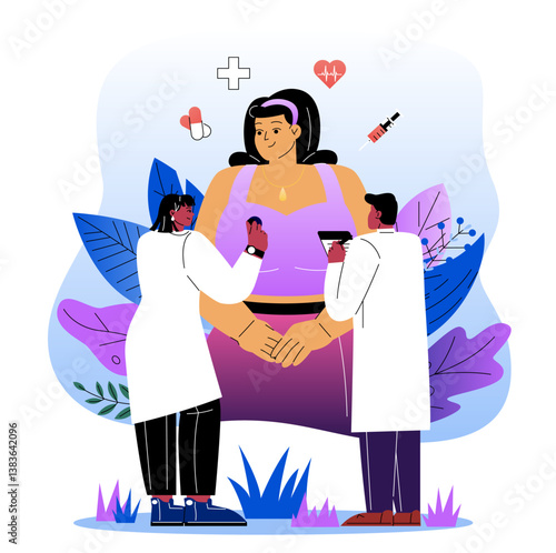 Doctors consulting overweight patient health. Vector illustration