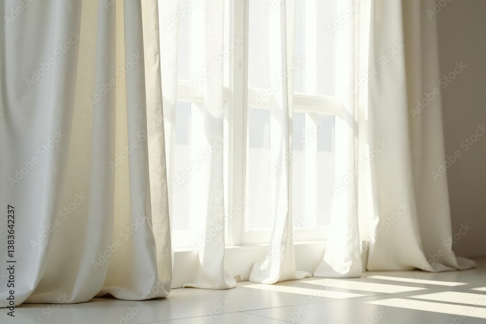 Simple, flowing linen curtains, soft ivory white, white background, bright Simple, flowing linen curtains, soft ivory white, white background, bright