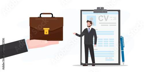 Job seeker with excellent cv or resume. Employer offers job to businessman after interview. Boss hand give briefcase. Concept of recruitment and interview process.