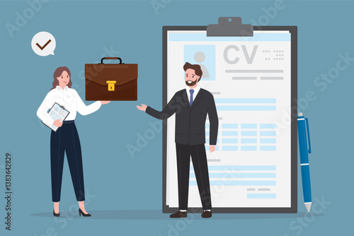 Job seeker with excellent cv or resume. Employer or hr agent offers job to businessman after interview. Woman boss give business case. Concept of recruitment