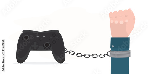 Wireless joystick with a large chain, player hand is shackled to the gamepad. Cyber ​​sport addiction, social problem, video game dependence
