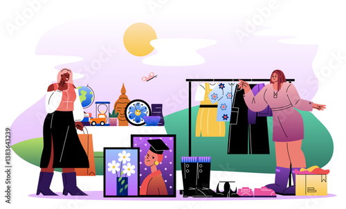 Outdoor flea market with women shopping. Vector illustration